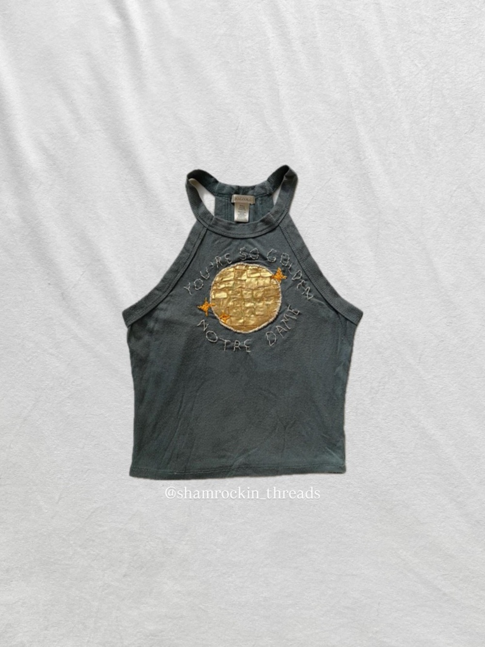 dark gray and gold Notre Dame Disco Ball tank top